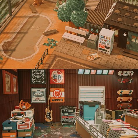 Kat (@katlantis.crossing) • Instagram photos and videos Acnh Record Store, Retro Transportation Stop Animal Crossing, Retro Animal Crossing Island, Acnh Skate Park, Road Code Acnh, Acnh Retro Designs, Acnh Gas Station, Acnh Retro, Acnh Rural