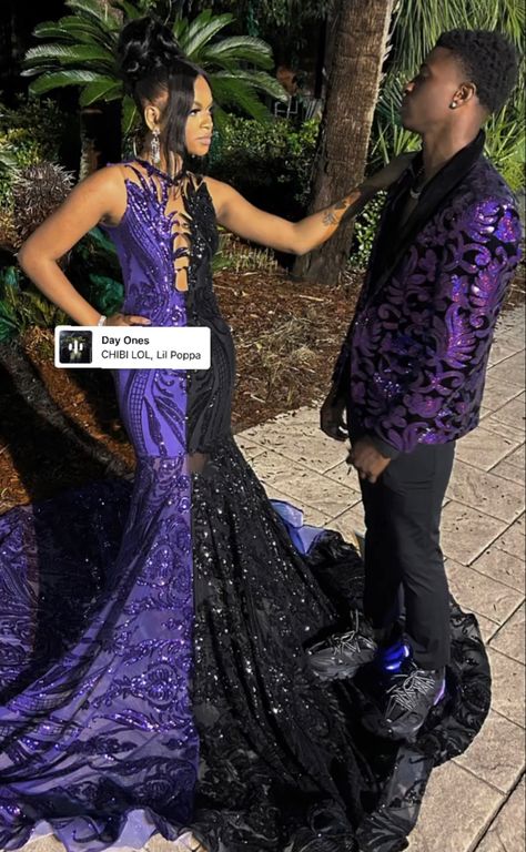 Purple And Black Prom Couple, Black And Purple Prom Dress, Purple And Black Prom Dress, Purple Prom Couple, Purple Prom Suit, Prom Couples Outfits, Prom Fits, Prom 2k24, Prom Pictures Couples Black