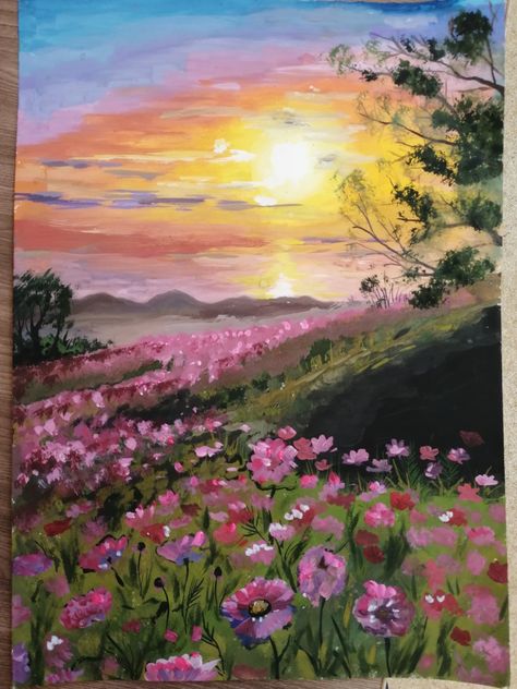 Landscape Paintings With Flowers, Sunset Meadow Painting, Mini Canvas Art Scenery, Realistic Nature Paintings, Colourful Landscape Paintings, Flower Field Painting Easy, Flower Field Drawing, Flower Garden Painting, Land Painting