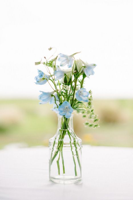 Simple Blue Centerpieces, Bud Vases Wedding Centerpiece Blue, April Wedding Centerpieces, Blue Delphinium Centerpiece, Delphinium Centerpiece, Simple Flower Centerpieces, Blue Flower Centerpieces, Tiger Lily Wedding, Bud Vase Centerpiece