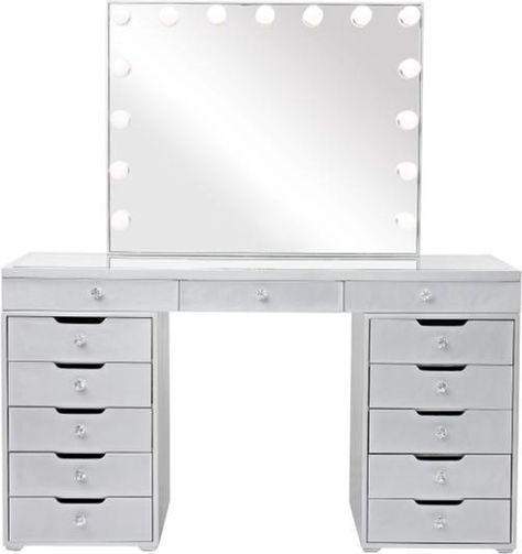 Met deze prachtige kaptafel inclusief make-up spiegel met verlichting verander jij jouw kamer in je eigen schoonheidssalon. Deze tijdloze klassieker wordt gebruikt door schoonheidsspecialisten en make-up artists over de hele wereld. Breng make-up aan als een professional met de professionele LED-verlichting. Deze hollywood make up tafel garandeert je elke dag van een perfecte look.Afmetingen:Spiegel:Breedte: 100 cm x Hoogte: 85 cmTafel:Breedte: 150 cm x Hoogte: 80 cmKenmerken:Dertien schuiflades Make Up Tafel, Beauty Vanity, Make Up, Vanity, Hollywood, Beauty, Dressing Table