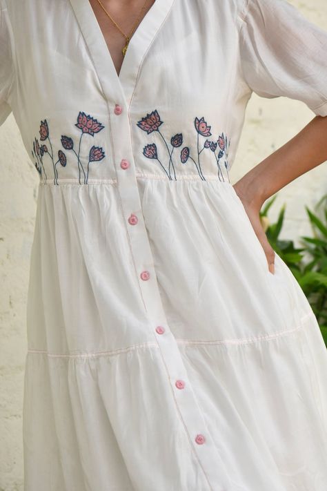 Buy White Modal Silk Embroidered Floral Jaal V Neck Button Down Dress For Women by Taro Online at Aza Fashions. Wedding Outfits For Women, Simple Frock Design, Stylish Kurtis Design, Embroidered Shirt Dress, Simple Frocks, Lehenga Designs Simple, Designer Kurti Patterns, Tunic Designs, Fashion Top Outfits