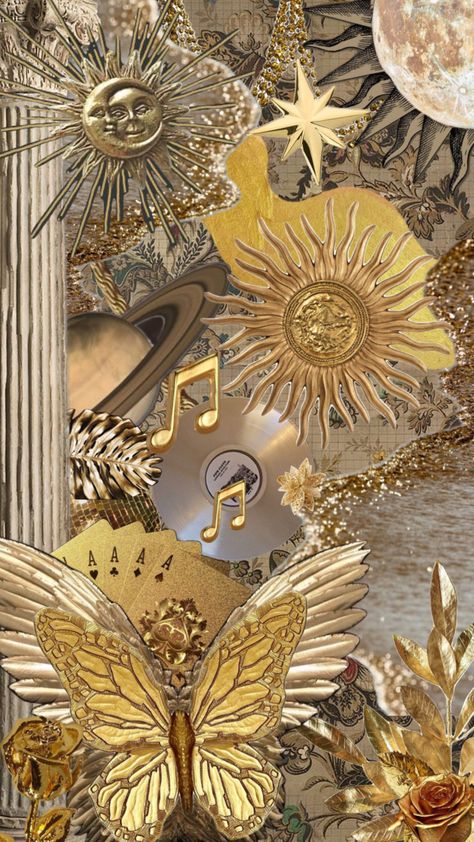 #or #gold #vintage #wallpaper #butterfly #sun #moon Gold Y2k Wallpaper, Gold Asthetics Wallpaper, Cautionary Tales, Apollo Aesthetic, Nails October, Wallpaper Butterfly, Gold Wallpaper Phone, Black And Gold Aesthetic, Gold Phone Case