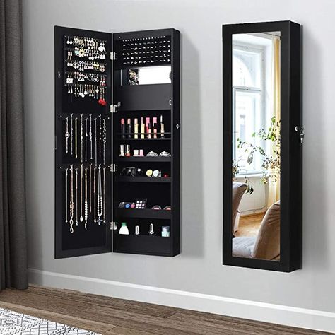 DORTALA Wall Mounted Jewelry Cabinet, Lockable Door Hanging Jewelry Armoire with 12LEDs, Space Saving Makeup Jewelry Organizer, Jewelry Display Cabinet with Full Length Dressing Mirror, Ideal for Bedroom, Closet, Dressing Room, Black : Amazon.ca: Everything Else Armoire With Mirror, Wall Mounted Jewelry Armoire, Mirror Jewellery Cabinet, Dressing Table Design, Jewelry Cabinet, Dressing Mirror, Wall Door, Design Del Prodotto, Wardrobe Design