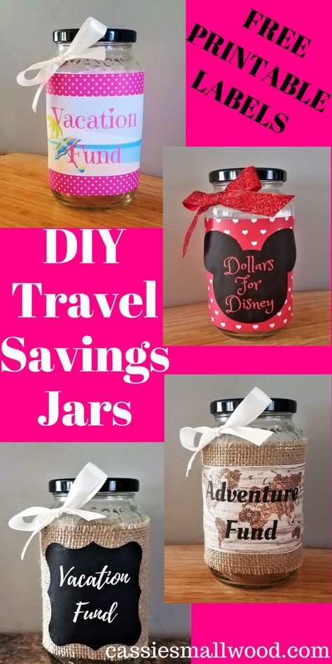 Get your free printable labels and make your own DIY Travel Savings Jar! This is a fun and easy way to save money for vacation. Your travel savings jar will make it so simple to save for family vacations or romantic couples trips. Save your coins or dollars in these cute travel savings jars. 4 different vacation savings jar designs to choose from. Savings Jar Diy, Vacation Money Jar, Disney Savings Jar, Vacation Fund Jar, Vacation Savings Jar, Couples Trips, Honeymoon Shower, Money Saving Jar, Coin Jar