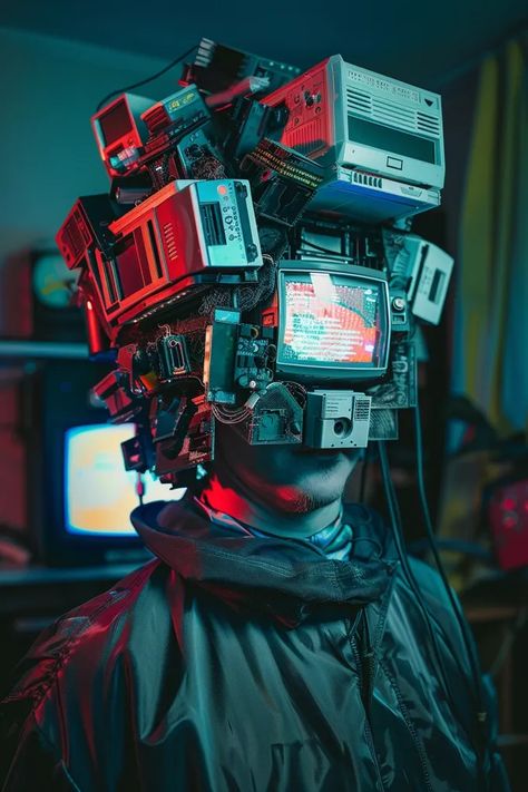 Midjourney AI Image: a portrait of a man wearing bizarre otherwordly mask and outfit made of retro Nintendo, Sega, Xbox, ... → more in ai-img-gen.com Retro Nintendo, Nintendo Sega, Old Technology, Nintendo, How To Wear, Quick Saves