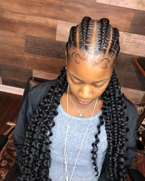 E, The Braid Specialist on Instagram: “6 feed in braids with boho ends!! . Booking now available online! . #voiceofhair #protectivestyles #braidstyles #braids #braider…” Boho Feeder Braids, Boho Feed Ins, Boho Feed In Braids Bun, Straight Back With Curls, Darling Curly Braids Attachment, 6 Feed In Braids, Straight Back Hairstyles, Braided Bangs Hairstyles, Invisible Braids