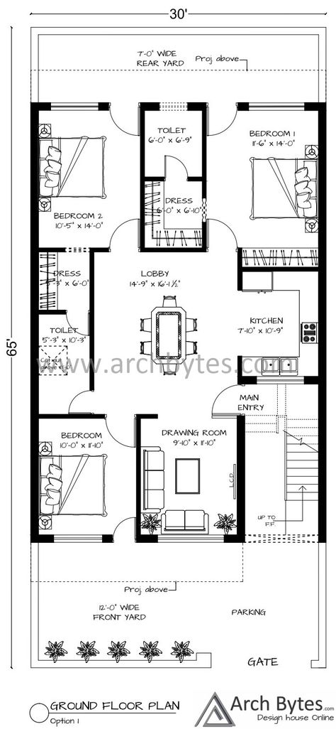 This is just a basic over View of the house plan for 30 x 65 feet. If you any query related to house designs feel free to Contact us at info@archbytes.com 30 60 Feet House Plan South Facing, 30x65 House Plans, 40x60 House Plan North Facing, 30 X 60 House Plans Layout, 30 60 Feet House Plan, 3bhk House Plan, Efficient House Plans, 40x60 House Plans, Smart House Plans