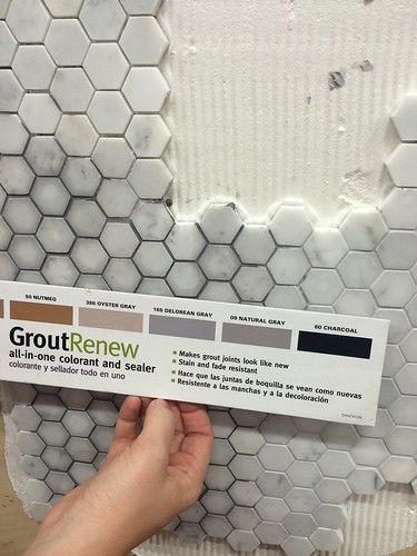 Marble Hexagon Tile Bathroom, Hexagon Shower Floor Tile, Hexagon Shower Floor, Hexagon Tile Bathroom Floor, Color Grout, Tile Grout Color, Grout Renew, Penny Tiles Bathroom, Laundry Reno