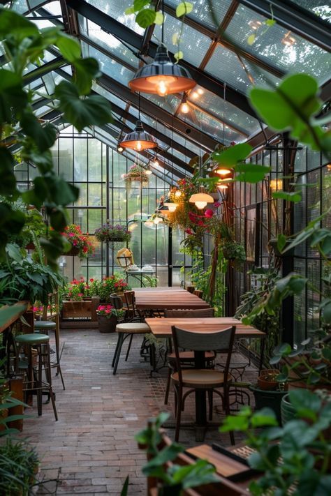 Table In Greenhouse, Green House Cafe, Backyard Deck Ideas, Greenhouse Restaurant, Indoor Garden Rooms, Greenhouse Cafe, Creative Backyard, Modern Greenhouses, Career Goal