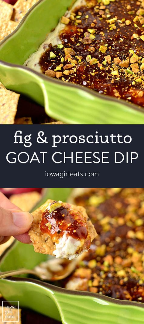 Warm Fig and Prosciutto Goat Cheese Dip is like a cheese board in dippable form and warms in just 10 minutes. Serve this easy cream cheese dip recipe for any occasion! iowagirleats.com keywords: dip recipes, dip recipes easy, dip recipes for parties, appetizer recipes easy, gluten free dip recipes Party Food Gluten Free, Goat Cheese And Prosciutto, Prosciutto Goat Cheese, Fig And Prosciutto, Gluten Free Dips, Food Gluten Free, Goat Cheese Dip, Gluten Free Sauces, Easy Dip