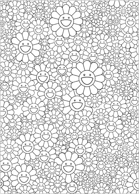 Coloring page inspired by a work by Japanese artist Takashi Murakami (style : Superflat). Happy flowers ! Disco Ball Coloring Page, Aesthetic Colouring Pages Printable, Takashi Murakami Flower, Printable Flower Coloring Pages, Murakami Flower, Superflat, Adult Coloring Book Pages, Unicorn Coloring Pages, Takashi Murakami