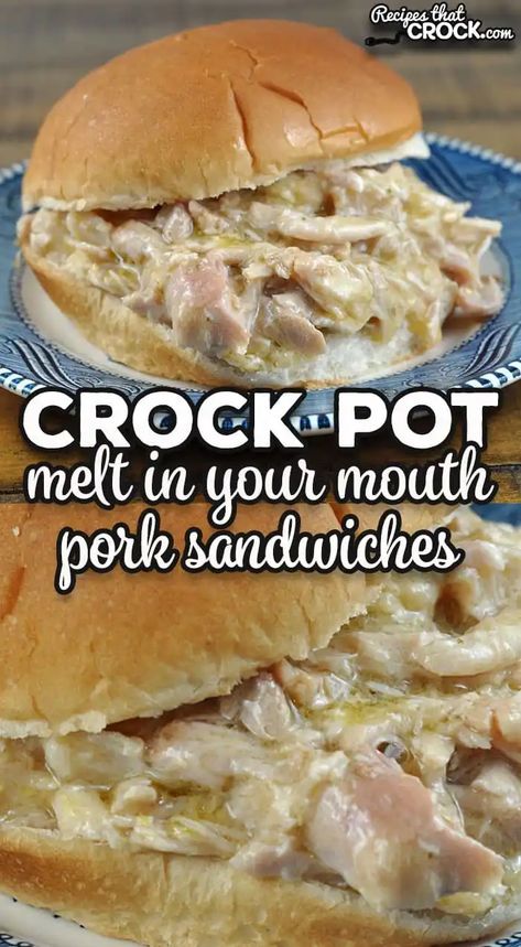 Crock Pot Melt In Your Mouth Pork Sandwiches - Recipes That Crock! Crock Pot Sandwich Recipes, Shredded Pork Crockpot, Crock Pot Sandwiches, Pork Loin Crock Pot Recipes, Pork Chop Sandwiches, Pork Sandwich Recipes, Crockpot Meat, Crockpot Pork Loin, Crockpot Pork Roast