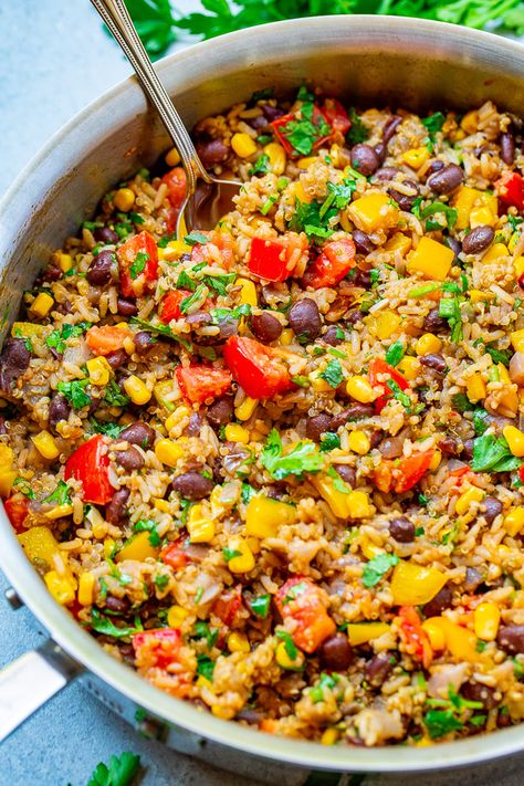 Mexican Rice, Beans, and Quinoa Medley - Averie Cooks January Meals, Spanish Rice And Beans, Rice With Corn, Rice And Beans Recipe, Clean Eating Salads, Averie Cooks, Sides Recipes, Rice Beans, Rice And Beans