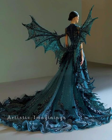 Mythical Dresses Gowns, Cyan Dress, Abby Aesthetic, Dress With Wings, Dragon Dress, Rachel Green Outfits, Gala Fashion, Museum Fashion, Queen Aesthetic