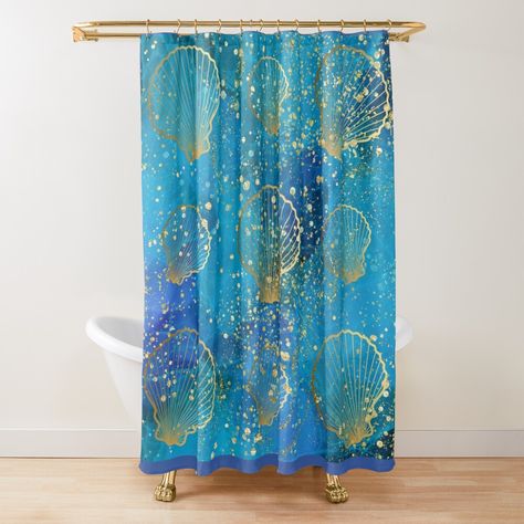 Get my art printed on awesome products. Support me at Redbubble #RBandME: https://www.redbubble.com/i/shower-curtain/Blue-And-Gold-Glitter-Seashell-Pattern-by-SeaStarAlex/163001569.YH6LW?asc=u Seashell Pattern, Seashells Patterns, Pattern Shower Curtain, Patterned Shower Curtain, Teal And Gold, Curtains For Sale, Bathroom Shower Curtains, Designer Shower Curtains, Blue And Gold