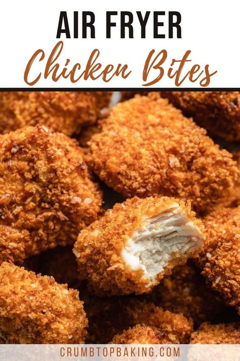 Air Fryer Chicken Bites are ultra crispy, tender and juicy with a simple panko breading and minimal oil. These homemade chicken nuggets are kid friendly but also make a delicious appetizer or game day snack! Air Fryer Chicken Bites Breaded, Breaded Chicken Bites, Oven Crispy Chicken, Chicken Bites Baked, Air Fryer Chicken Bites, Chicken Bites Appetizers, Crunchy Chicken Nuggets, Ritz Chicken, Shake N Bake Chicken