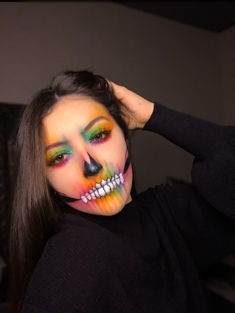 Colourful Skeleton Makeup, Colourful Skull Makeup, Skull Makeup Colorful, Colorful Sugar Skull Makeup, Rainbow Halloween Makeup, Rainbow Skull, Rainbow Skeleton, Rainbow Skull Makeup, Colorful Skeleton Makeup