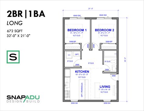 Adu Floor Plans 2 Bedroom, 2 Bedroom Adu, Adu Floor Plans, Floor Plans 2 Bedroom, Custom Floor Plans, Small Cottage Homes, Story Planning, Accessory Dwelling Unit, Small House Floor Plans