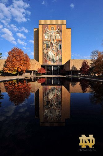 University of Notre Dame's library, which is near the football stadium; hence the name "Touchdown Jesus". Notre Dame Campus, Touchdown Jesus, Saint Marys College, Go Irish, University Of Notre Dame, Oregon Ducks Football, Notre Dame Football, Reflecting Pool, Ohio State Football