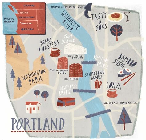 Gary Venn Illustration: Portland Map... Data Graphic, Conde Nast Traveler Magazine, Portland Map, Portland Hotels, Illustrated Maps, Portland Travel, Portland City, Map Illustration, Hand Drawn Map