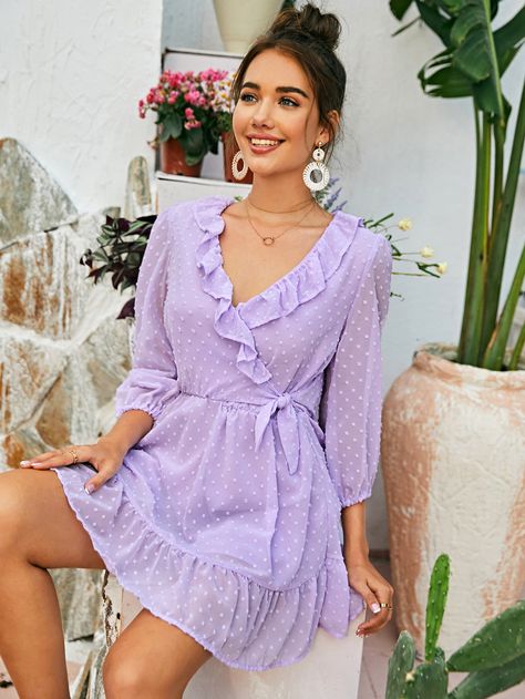 Swiss Dot Knot Front Ruffle Hem Dress | SHEIN USA Purple Dress Outfits, Frocks And Gowns, Trendy Dress Outfits, Ruffle Hem Dress, Looks Chic, Swiss Dot, Hem Dress, Trendy Dresses, Purple Dress