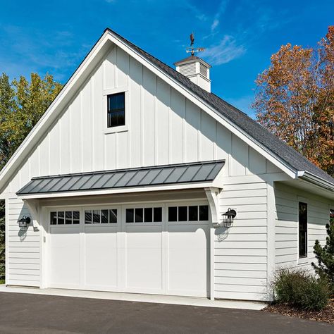 Garage Roof Extension Ideas, Garage With Vertical Siding, Eyebrows Over Garage Doors, Double Car Garage Ideas, Farmhouse Garage Addition, Small Roof Over Garage Door, Garage Door Overhang Ideas, Garage With Overhang Roof, Farmhouse Garage Ideas