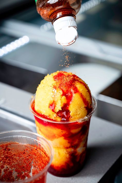 For her mangonadas, Ms. Gerson layers housemade mango sorbet with chamoy and Tajín. Mango And Chamoy, Mango With Tajin, Mangonada Recipe, Shaved Ice Recipe, Tajin Recipes, Mexican Treats, Mexican Snacks, Refreshing Snacks, Mango Sorbet