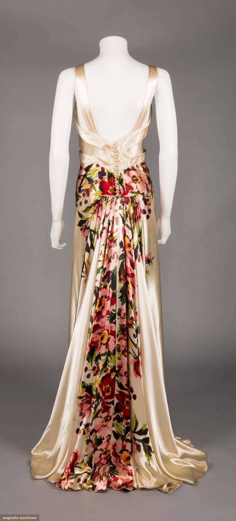 Historical Dress — PRINTED SILK CHARMEUSE EVENING GOWN, 1930s 1930s... 1920s Evening Gowns, Lady Duff Gordon, 1930 Dress, 1930's Dresses, White Evening Gowns, Charmeuse Dress, Historical Dress, Vintage Gowns, 1930s Fashion