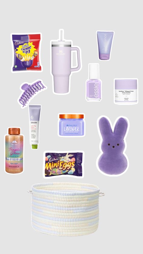 preppy purple Easter basket!🐣[he is risen] Friends Easter Basket, Easter Basket For Friends, Preppy Easter Basket Ideas, Purple Burr Basket, Easter Basket Ideas For Girlfriend, Purple Gift Basket Ideas, Preppy Easter Basket, Preppy Baskets, Easter Wishlist