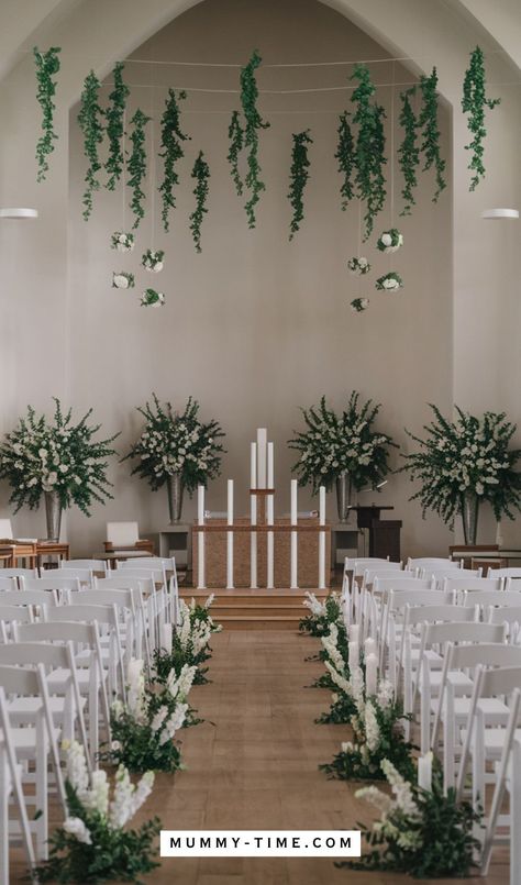 The dark shade of green mixed with a bright neutral color such as white can help you create a stunning and unique aisle. Church Wedding Decorations, Romantic Colors, Green Spring, Aisle Decor, Floral Arch, Wedding Aisle, Church Decor, Fairy Tale Wedding, Church Wedding