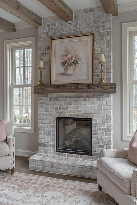 40 Chic Gray Brick Fireplace Ideas for a Cozy Home Grey And White Fireplace Brick, Graywash Brick Fireplace, Brick Fireplace Makeover With Built Ins, Light White Wash Brick Fireplace, Walls Next To Fireplace Decor, White And Grey Fireplace, German Schmear Brick Fireplace, Fireplace Paint Ideas, Light Brick Fireplace