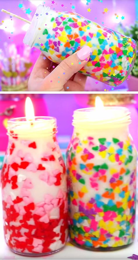 Funfetti candles everyone loves! Easy homemade DIY candles that make great room decor or gifts - Birthday gifts - Valentines gifts for friends, boyfriend, girlfriend. Easy DIY craft project for Valentines Day too or anytime of the year. Try the BEST DIY candles today :) Learn how to make candles with step by step instructions and Youtube video tutorial! Homemade Jar Candles, Diy Funfetti Candle, Sprinkles Diy, Birthday Candles Diy, Friend Valentine Gifts, Diy Gifts To Make, Diy Confetti, Friends Valentines Day, Diy Marble