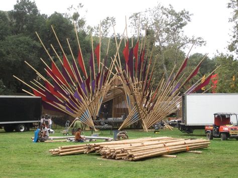 Bamboo Stage Design, Festival Themed Party, Outdoor Stage, Bamboo Structure, Bamboo Architecture, Stage Set Design, Bamboo Art, Camping Set, Bamboo Design