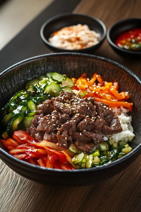 Spicy Korean Beef Bulgogi Bowls bring the bold, savory flavors of Korean cuisine into a convenient and delicious meal. Bulgogi, which means “fire meat,” is a traditional Korean dish made ... Read more Chinese Food Recipes Traditional, Beef Bulgogi Bowl, Korean Beef Bulgogi Recipe, Korean Food Bulgogi, Bulgogi Bowl, Spicy Korean Beef, Korean Meals, Beef Bulgogi Recipe, Korean Bowl