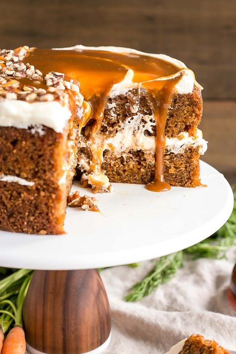 Cross-section of the cake showing gooey caramel dripping down. Carrot Cake With Maple Syrup, Salted Caramel Carrot Cake, Maple Caramel Carrot Cake, Maple Carrot Cake, Crunchy Cake Filling, Fall Carrot Cake, Carrot Cake With Caramel, Maple Cake Recipe, Carrot Cake Trifle