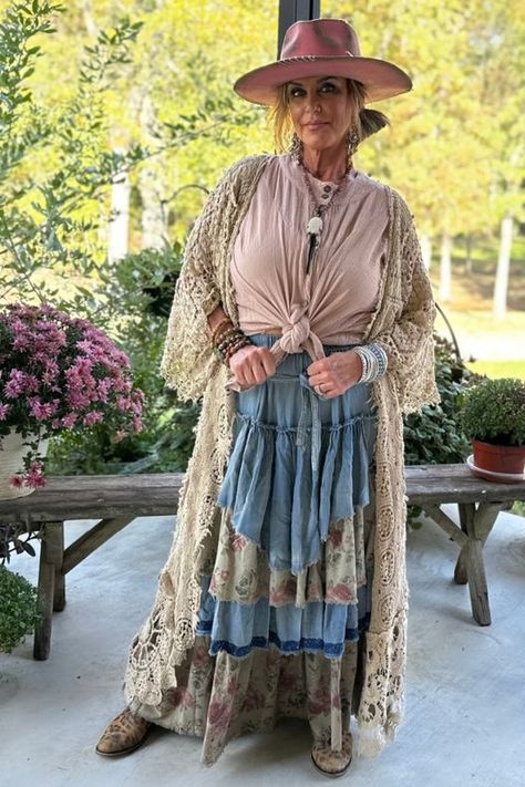 Keep Me True Skirt Waist 30" stretches to 46" Length 39" Boho Skirts Long Bohemian, Upcycle Clothes Diy Easy, Boho Clothes For Older Women, Boho Fashion Over 50, Gypsycore Fashion, Repurposed Clothing Diy, Boho Sewing, Diy Boho Clothes, Granny Chic Fashion