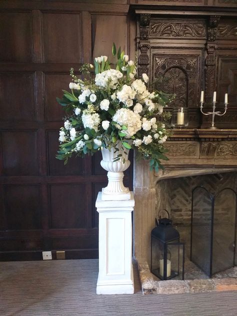 Wedding Flower Urns, Flower Urns Wedding, Large Vase With Flowers, Green And White Wedding Flowers, Jennifer Black, Gold Urn, Urn Arrangements, Church Wedding Flowers, Homecoming Court