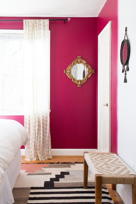 Unusual Painting Ideas for Awe-Inspiring Accent Walls | Apartment Therapy Magenta Room Color, Modern Accent Wall Colors, Pink Accent Wall Office, Magenta Wall Paint, Pink Accent Wall Bedroom, Mid Century Modern Accent Wall, Unique Accent Wall Ideas, Ideas For Accent Walls, Pink Accent Wall