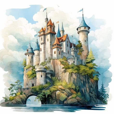 Whimsical Digital Painting of a Medieval Castle on a Rocky Hill Overlooking the Water royalty free stock images Trees Architecture, Castle Artwork, Architecture White, Rocky Hill, Water Photo, Painting Water, Stone Bridge, Water Tower, Medieval Castle