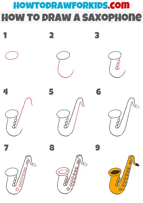 how to draw a saxophone step by step How To Draw A Saxophone Step By Step, How To Draw A Saxophone, Saxophone Drawing Simple, How To Draw Instruments, How To Draw Music Notes Step By Step, Drawing Musical Instruments, Saxophone Doodle, Saxophone Illustration, Saxophone Drawing