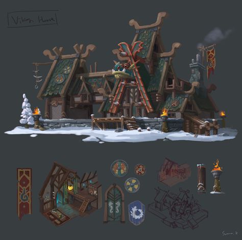 ArtStation - viking house, Summer Kim Fantasy Tavern, Nordic Architecture, Viking House, Viking Village, Vikings Game, Nordic House, Vis Dev, Dragon House, Props Concept