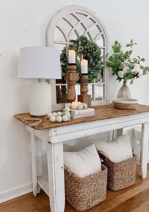 She Gave It A Go's Amazon Page White Entry Table, Farmhouse Entry Table, Entry Table Decor, Console Table Styling, Console Table Decorating, Entryway Table Decor, Cute Decor, Room Deco, Entryway Table