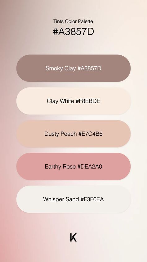 Tints Color Palette Smoky Clay #A3857D · Clay White #F8EBDE · Dusty Peach #E7C4B6 · Earthy Rose #DEA2A0 · Whisper Sand #F3F0EA Smoky Color Palette, Clay Color Palette, Peach Color Palettes, Earth Tone Palette, House Plans With Pictures, Dusty Peach, Colour Pallets, Hex Color Palette, Hex Codes