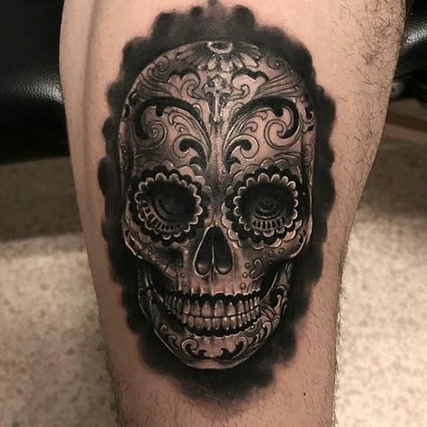 Candy Skull Tattoo For Men, Sugar Tattoo, Skull Thigh Tattoos, Mexican Skull Tattoos, Tattoo Crane, Sugar Skull Girl Tattoo, Tattoo Elements, Candy Skull Tattoo, Skull Tattoo Designs