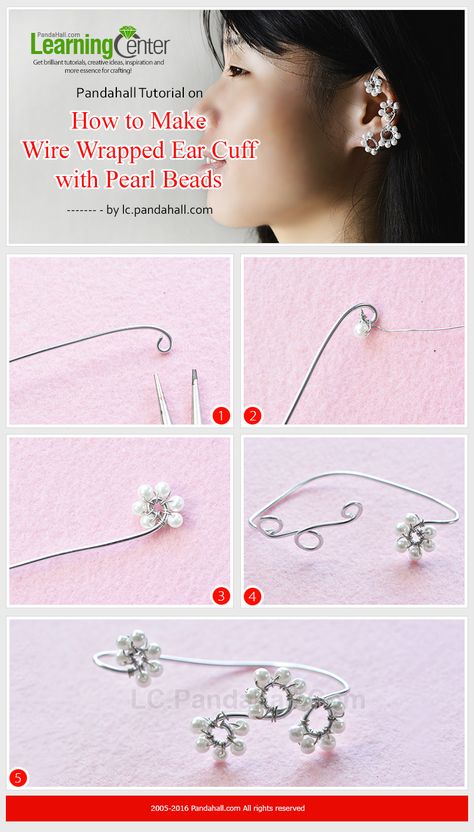 Pandahall Tutorial on How to Make Wire Wrapped Ear Cuff with Pearl Beads from LC.Pandahall.com Ear Cuff Tutorial, Ear Cuff Diy, Bead Things, Wire Ear Cuffs, Pendulum Earrings, Wire Jewerly, Jewellery Craft, Wire Wrapped Jewelry Diy, Clay Jewellery