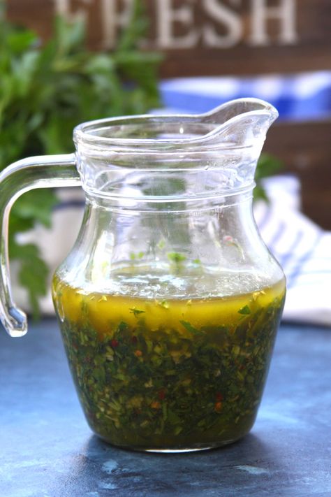 Chimichurri Sauce recipe- fresh flavors of parsley, cilantro, oregano and lemon. Adds life to veggies and is the perfect companion to steak. Crockpot Spaghetti Squash, Italian Salsa, Chimichurri Sauce Recipe, Chimichurri Recipe, Sauerkraut Recipes, Herb Sauce, Marinade Sauce, Chimichurri Sauce, Garlic Olive Oil