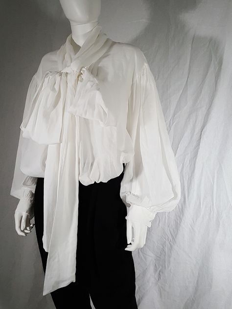 Dries Van Noten white poet blouse with long scarf collar | V A N II T A S Blouse Drawing, Poet Blouse, Poet Shirt, Prince Clothes, Blouse Man, Dark Academia Fashion, Academia Style, Balloon Sleeve Blouse, Long Scarf