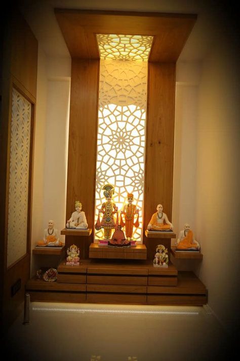 Puja Room With Window, Pooja Room With Window Behind, Pooja Room Window Design, Jain Pooja Room Designs, Dev Ghar Design, Luxury Pooja Room Design, Puja Room Design Indian Modern, Over Tv Wall Decor, Latest Pooja Room Designs