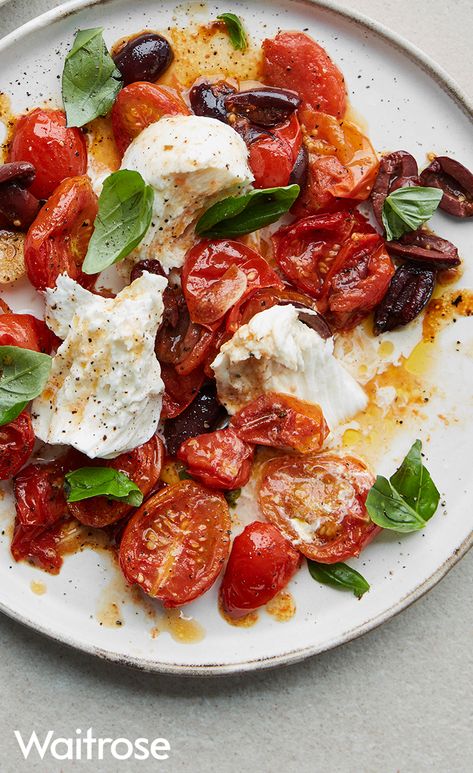 Light, fresh and ready only in 30 minutes, our Buffalo mozzarella with roasted tomatoes and olives makes for a delicious lunch. Top with basil and serve with warmed ciabatta. See the full recipe on the Waitrose website. Lunch With Tomatoes, Recipes With Buffalo Mozzarella, Buffalo Mozzarella Recipe, Easy Stuffed Cabbage, Waitrose Food, Design Humor, Animals Quotes, Mozzarella Recipes, Buffalo Mozzarella